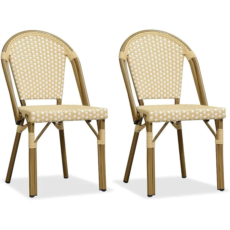 Outdoor Hand-Woven Aluminum Bistro Chair, White & Bamboo Finish, Set of 2