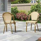 Outdoor Hand-Woven Aluminum Bistro Chair, White & Bamboo Finish, Set of 2