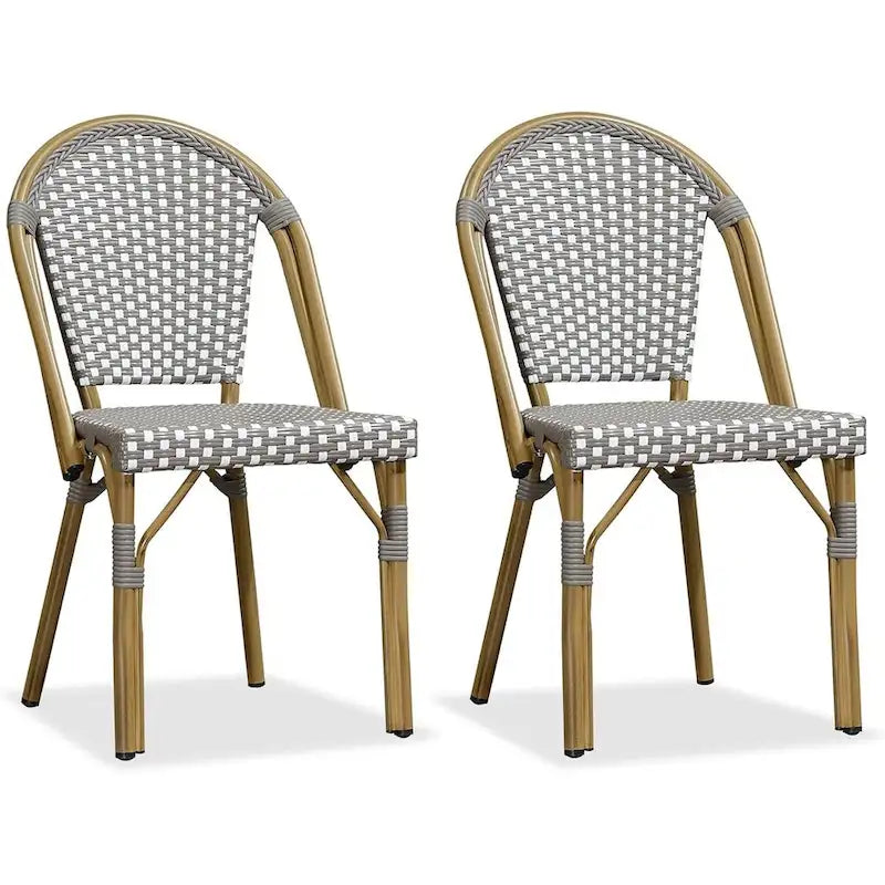 Outdoor Hand-Woven Aluminum Bistro Chair, White & Bamboo Finish, Set of 2