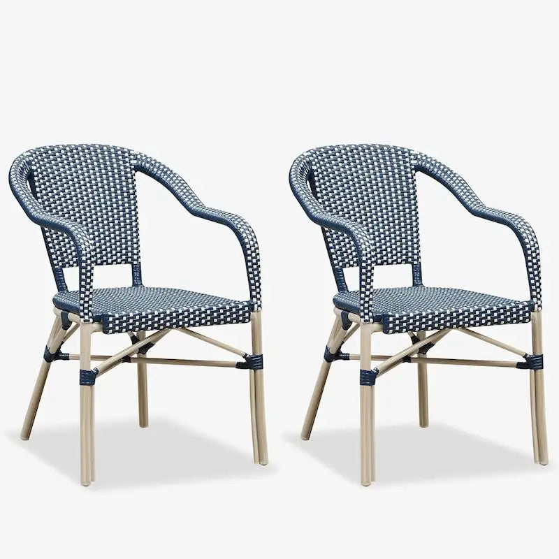 Outdoor Hand-Woven Aluminum Bistro Chair, White & Bamboo Finish, Set of 2