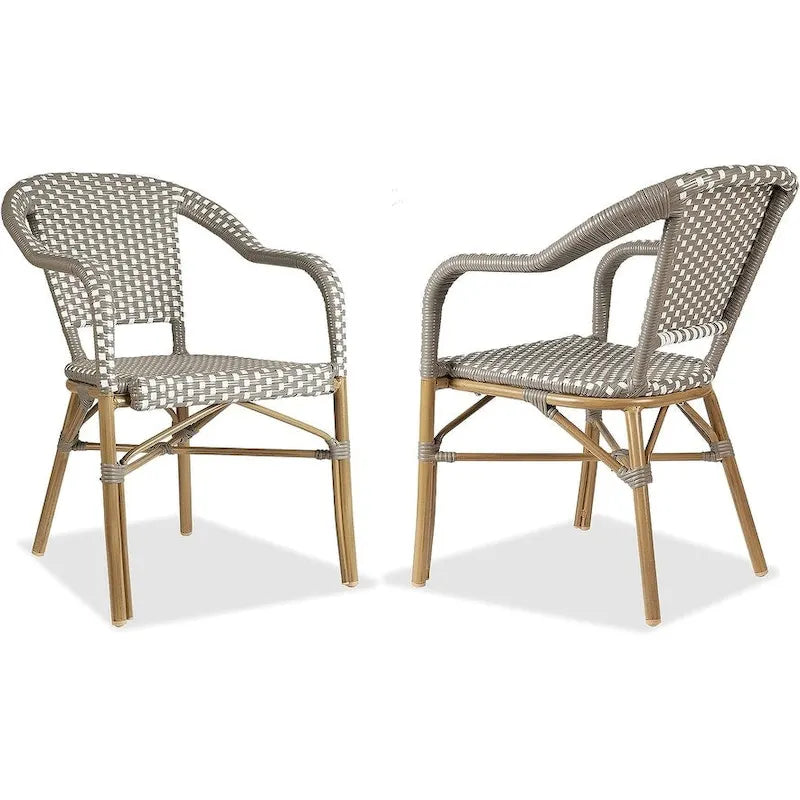 Outdoor Hand-Woven Aluminum Bistro Chair, White & Bamboo Finish, Set of 2