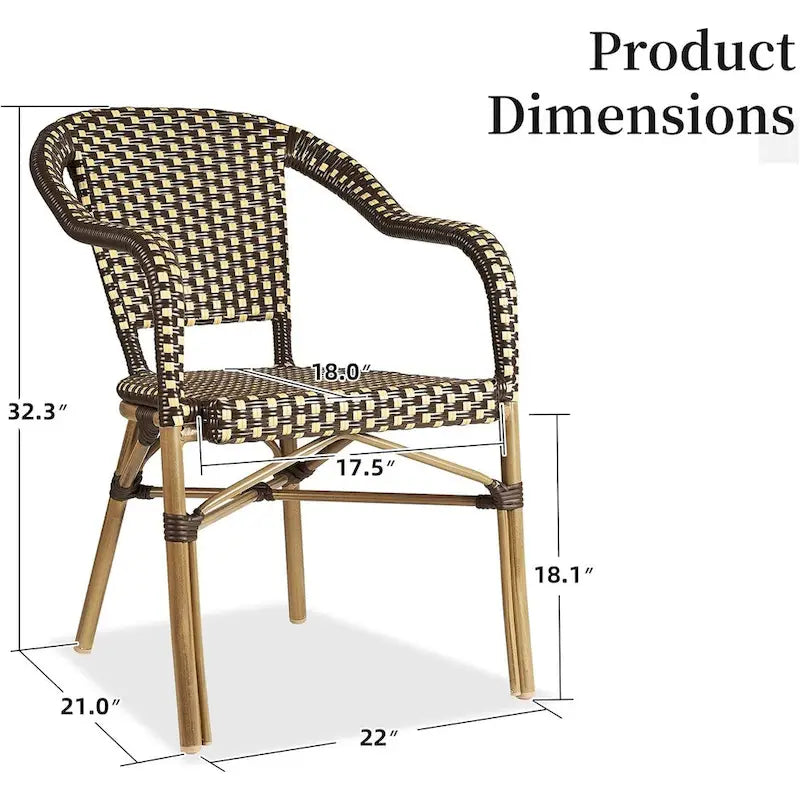 Outdoor Hand-Woven Aluminum Bistro Chair, White & Bamboo Finish, Set of 2