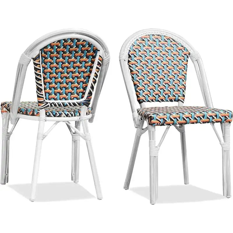 Outdoor Hand-Woven Aluminum Bistro Chair, White & Bamboo Finish, Set of 2