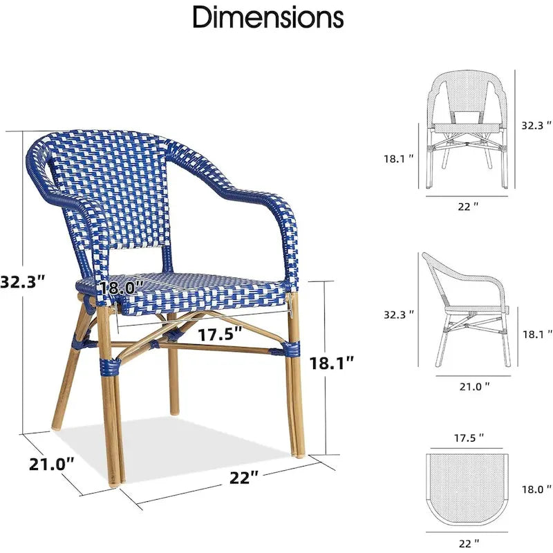 Outdoor Hand-Woven Aluminum Bistro Chair, White & Bamboo Finish, Set of 2