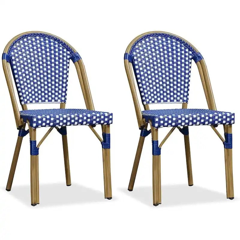 Outdoor Hand-Woven Aluminum Bistro Chair, White & Bamboo Finish, Set of 2