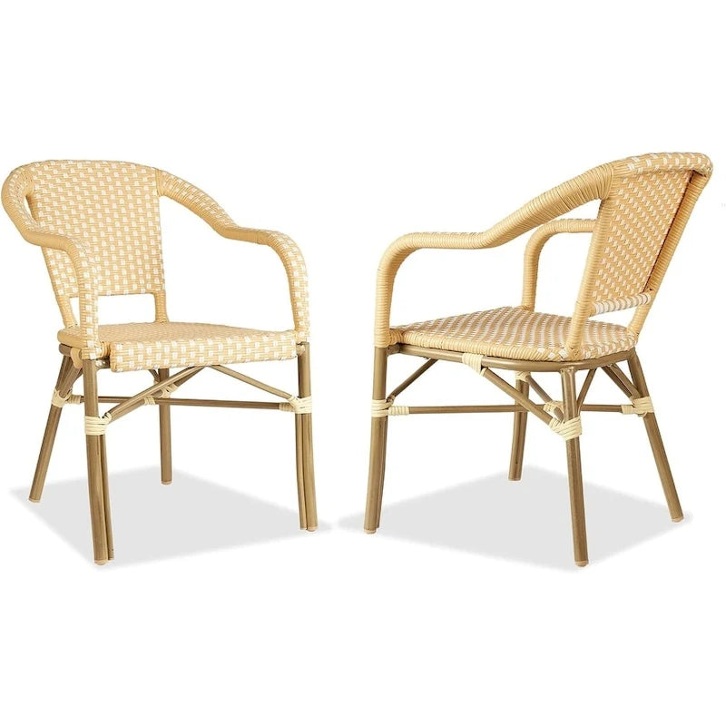 Outdoor Hand-Woven Aluminum Bistro Chair, White & Bamboo Finish, Set of 2