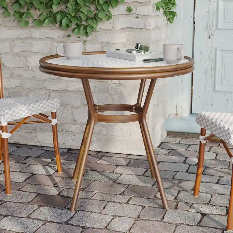 White & Gray Rattan / Natural Frame 2-Person Indoor/Outdoor Bistro Table