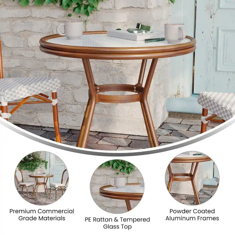White & Gray Rattan / Natural Frame 2-Person Indoor/Outdoor Bistro Table
