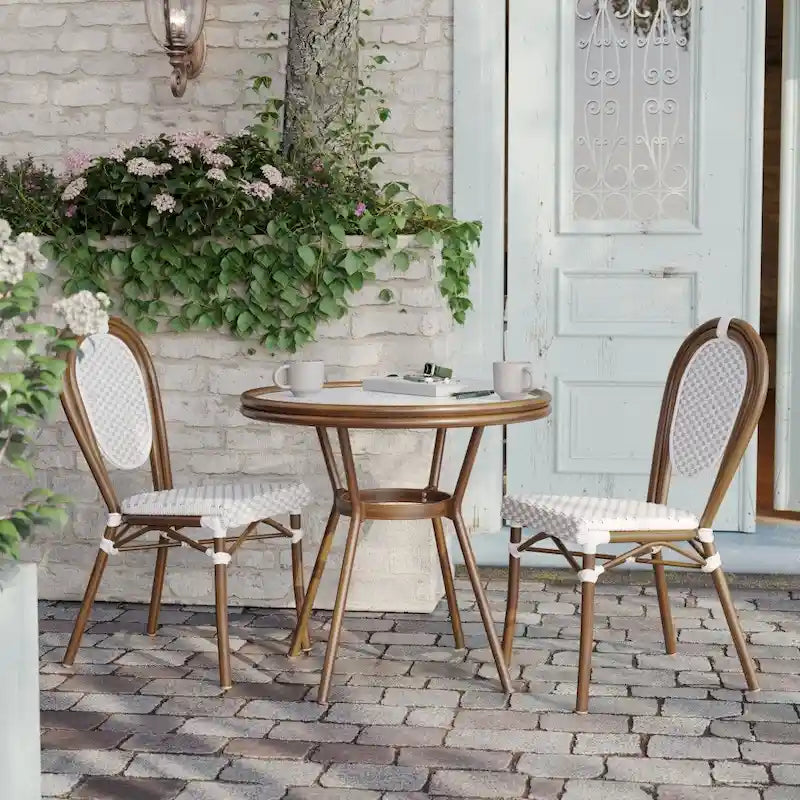 White & Gray Rattan / Natural Frame 2-Person Indoor/Outdoor Bistro Table