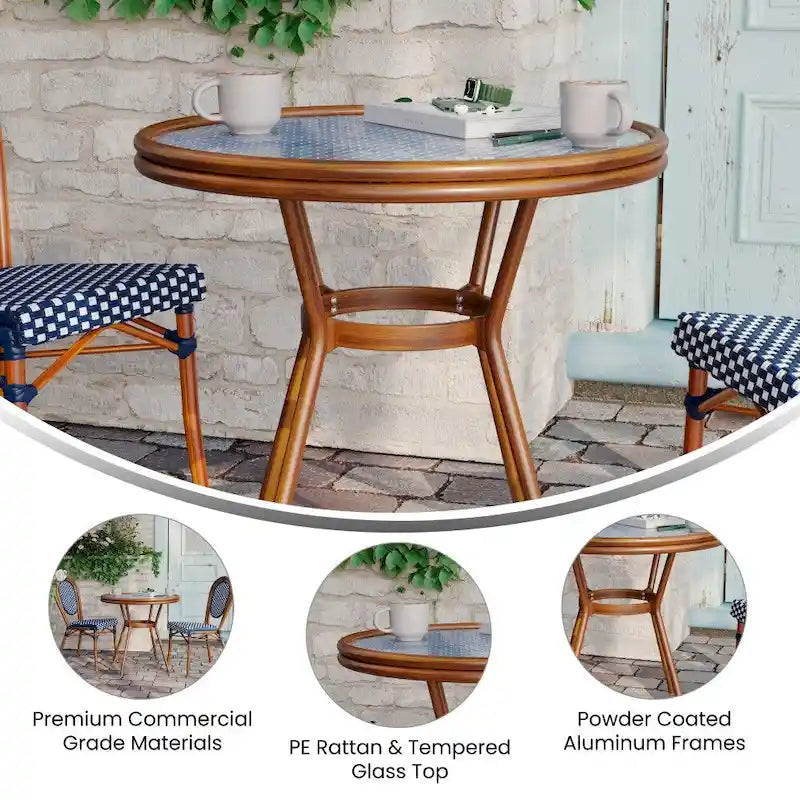 White & Gray Rattan / Natural Frame 2-Person Indoor/Outdoor Bistro Table