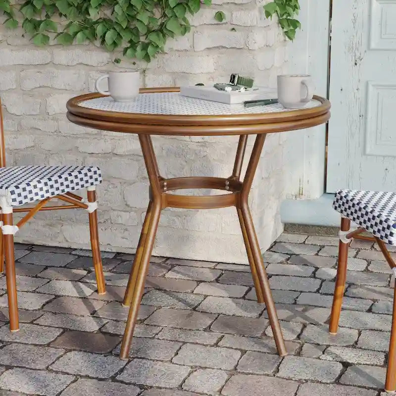 White & Gray Rattan / Natural Frame 2-Person Indoor/Outdoor Bistro Table