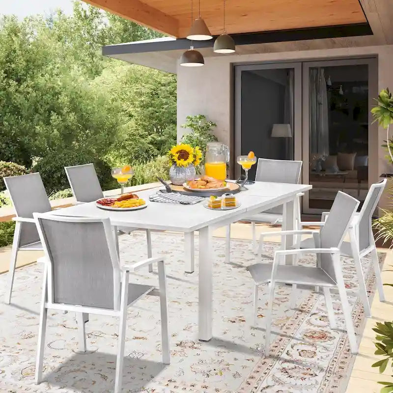 Grey/White Extendable Aluminum Outdoor Dining Table, Seats 6–8