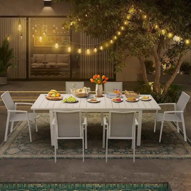 Grey/White Extendable Aluminum Outdoor Dining Table, Seats 6–8