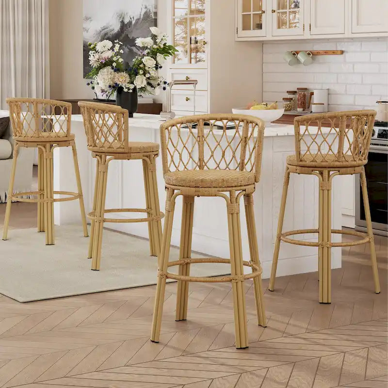 Light Brown Wicker Barstool, Boho Style, Set of 4 / Set of 2