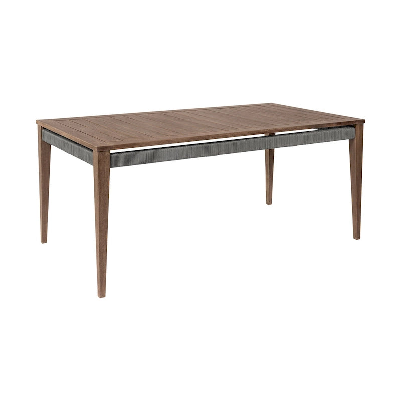 Brown & Gray Outdoor Dining Table, Rectangular Slatted Top, Woven Rope Apron, Seats 4