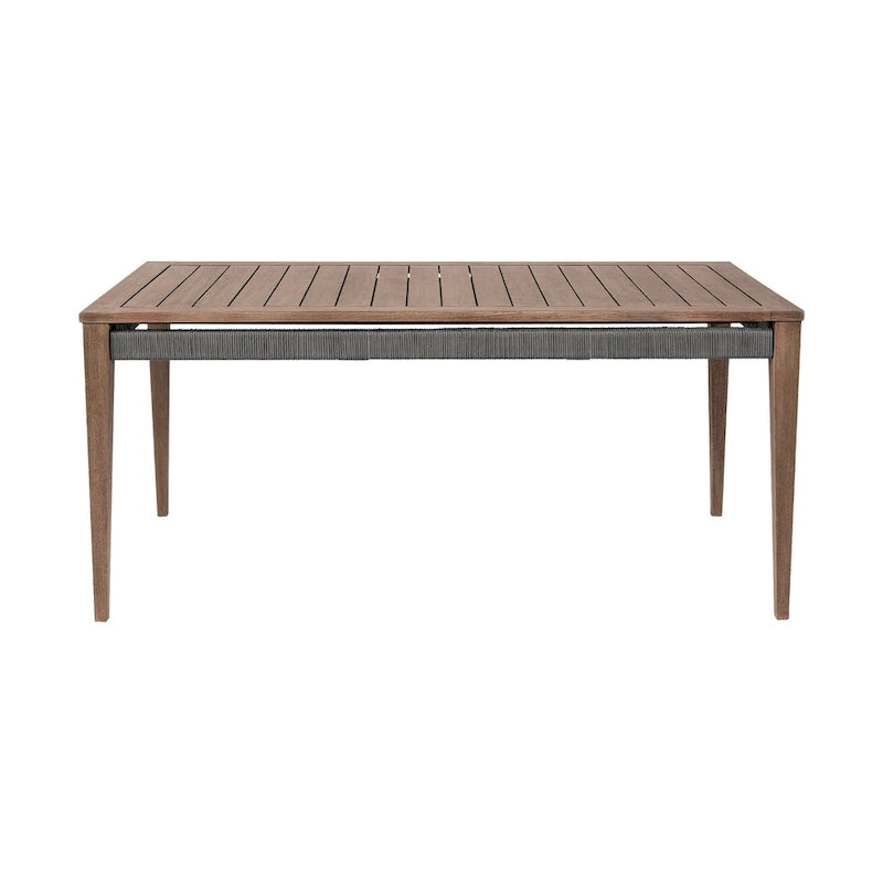 Brown & Gray Outdoor Dining Table, Rectangular Slatted Top, Woven Rope Apron, Seats 4