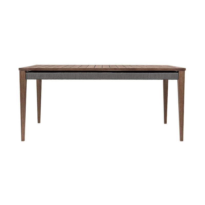 Brown & Gray Outdoor Dining Table, Rectangular Slatted Top, Woven Rope Apron, Seats 4