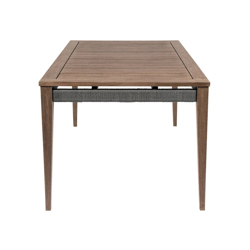Brown & Gray Outdoor Dining Table, Rectangular Slatted Top, Woven Rope Apron, Seats 4