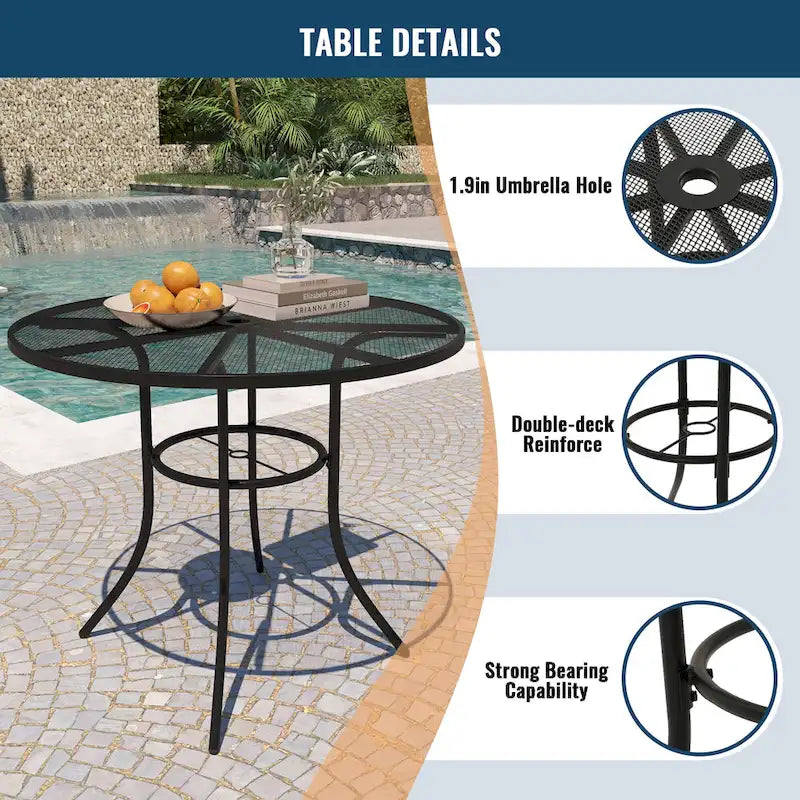 Black Round Steel Mesh Outdoor Bistro Table for 2, 36" Dia. with Umbrella Hole