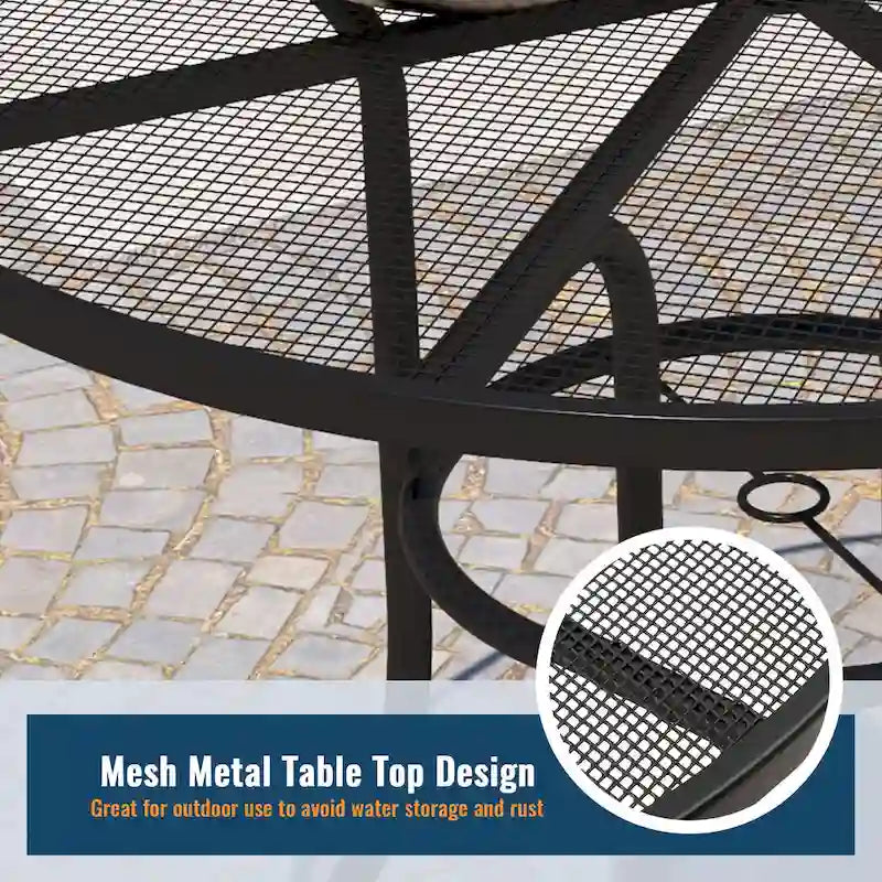 Black Round Steel Mesh Outdoor Bistro Table for 2, 36" Dia. with Umbrella Hole