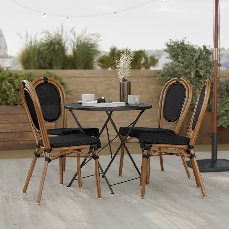 Black/Natural Frame Textilene Stackable Bistro Chair, Set of 4, Seats 4