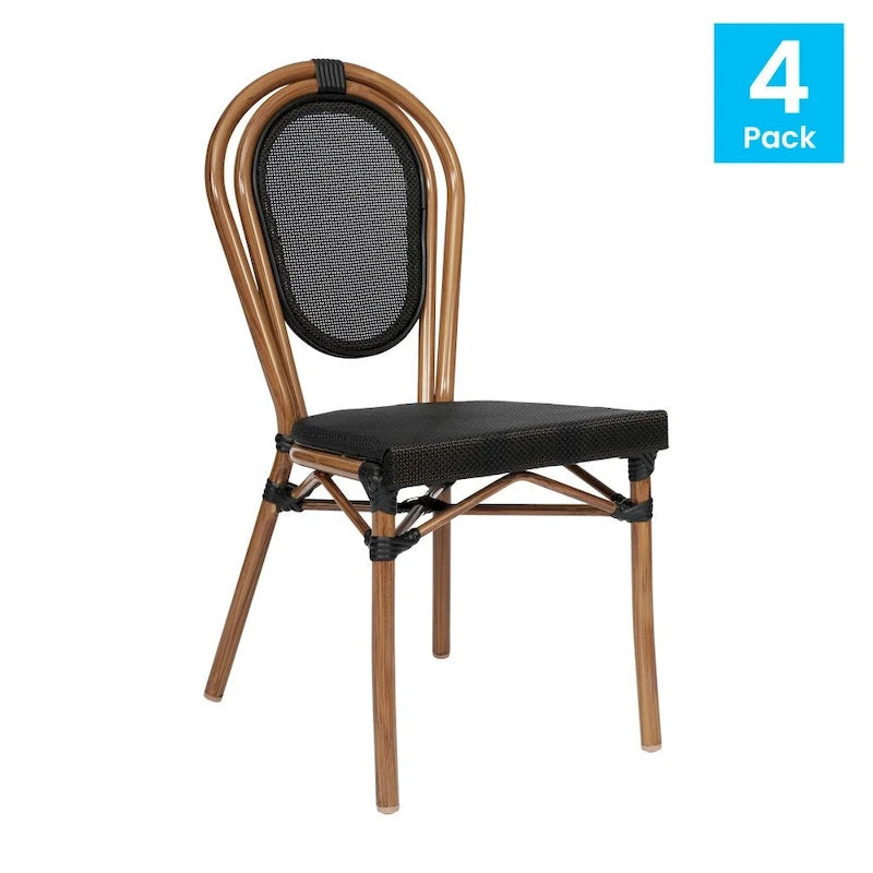 Black/Natural Frame Textilene Stackable Bistro Chair, Set of 4, Seats 4