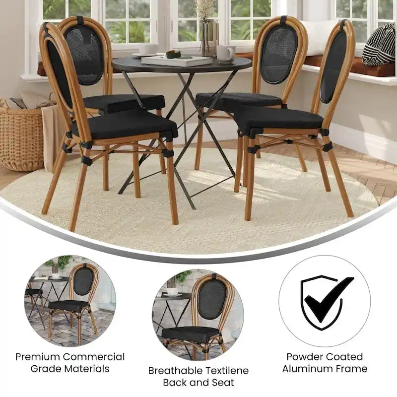 Black/Natural Frame Textilene Stackable Bistro Chair, Set of 4, Seats 4