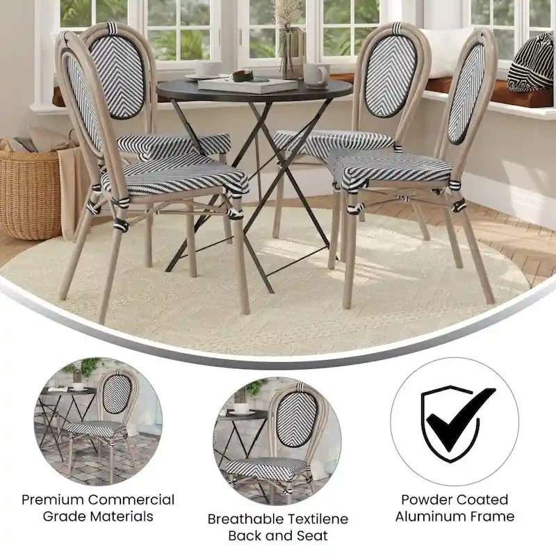 Black/Natural Frame Textilene Stackable Bistro Chair, Set of 4, Seats 4