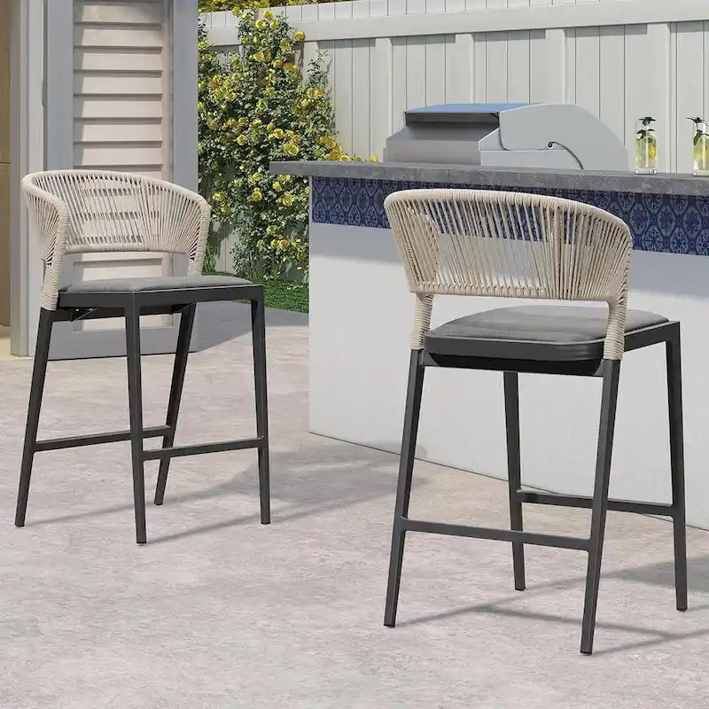 Outdoor Bar Height Stool with Cushion, Set of 2 (Stone Gray / Dark Gray / Brown / White)