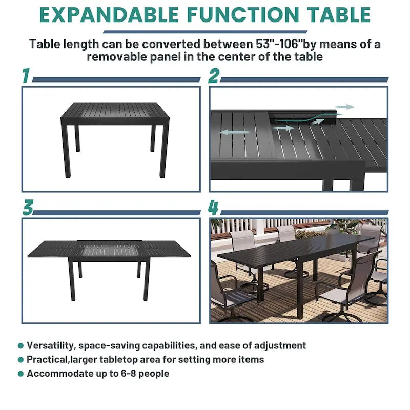 Silver Aluminum Extendable Outdoor Dining Table, Seats 4–8