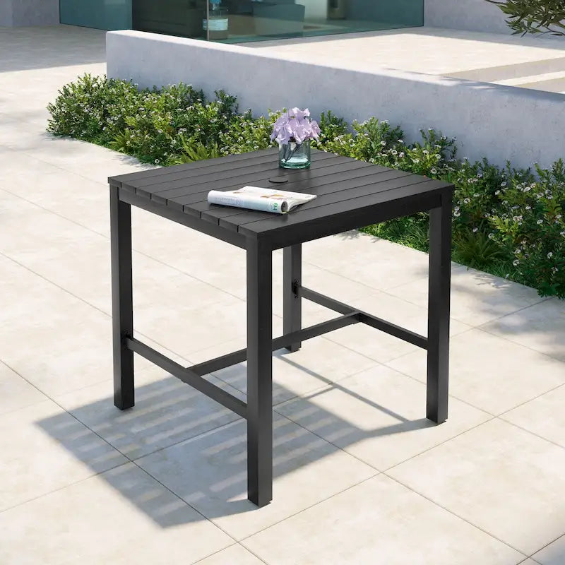 Black Square Outdoor Aluminum Bar Table with Umbrella Hole, Seats 1