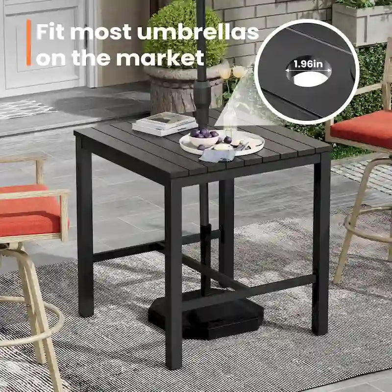 Black Square Outdoor Aluminum Bar Table with Umbrella Hole, Seats 1