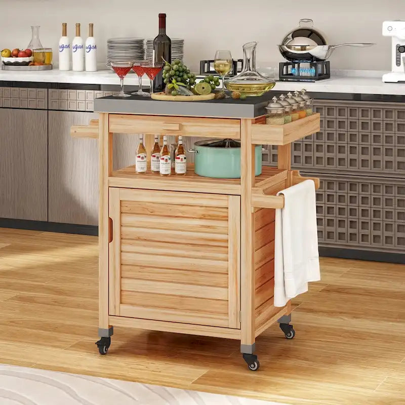 Brown / Coffee Solid Wood Outdoor Grill Cart with Stainless Steel Top, 1-Person, Lockable Wheels