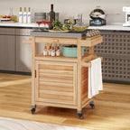 Moasis Solid Wood Grill Cart Outdoor Storage Cabinet Patio Bar Cart with Stainless Steel Top and Lockable Wheels