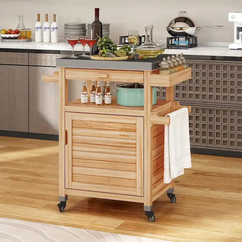 Moasis Solid Wood Grill Cart Outdoor Storage Cabinet Patio Bar Cart with Stainless Steel Top and Lockable Wheels