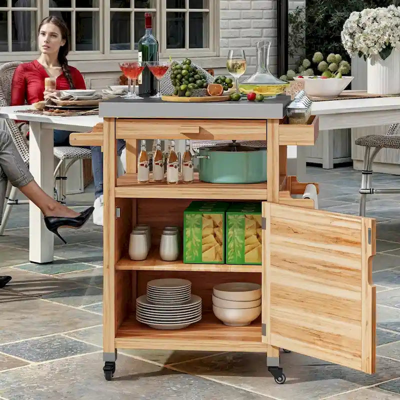 Brown / Coffee Solid Wood Outdoor Grill Cart with Stainless Steel Top, 1-Person, Lockable Wheels