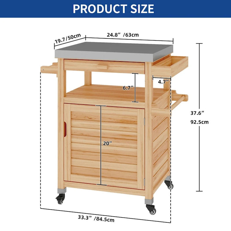 Brown / Coffee Solid Wood Outdoor Grill Cart with Stainless Steel Top, 1-Person, Lockable Wheels