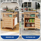 Brown / Coffee Solid Wood Outdoor Grill Cart with Stainless Steel Top, 1-Person, Lockable Wheels