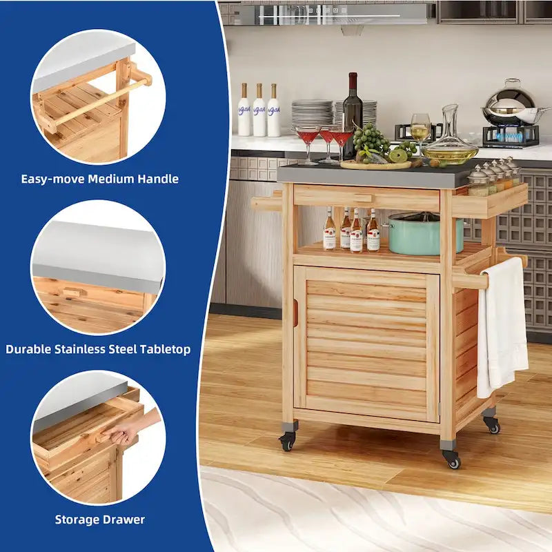 Brown / Coffee Solid Wood Outdoor Grill Cart with Stainless Steel Top, 1-Person, Lockable Wheels