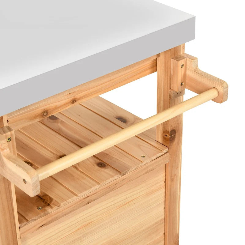 Brown / Coffee Solid Wood Outdoor Grill Cart with Stainless Steel Top, 1-Person, Lockable Wheels