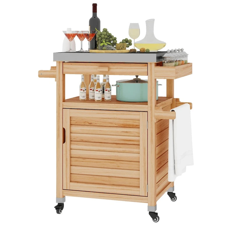Brown / Coffee Solid Wood Outdoor Grill Cart with Stainless Steel Top, 1-Person, Lockable Wheels