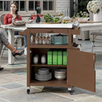 Brown / Coffee Solid Wood Outdoor Grill Cart with Stainless Steel Top, 1-Person, Lockable Wheels