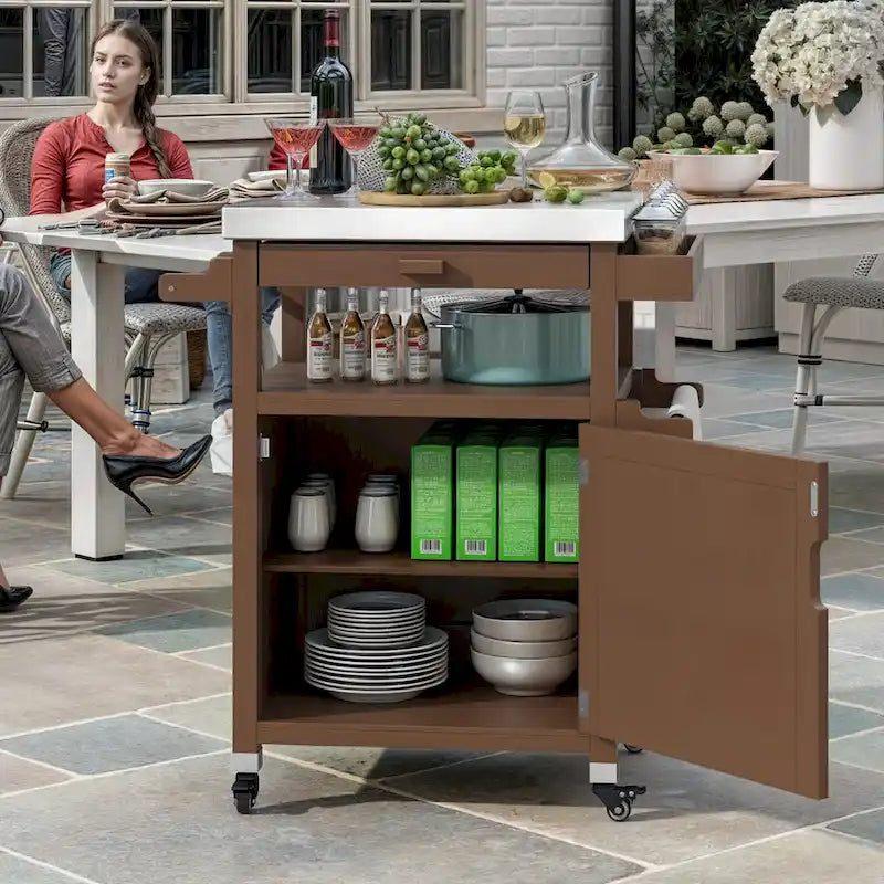 Brown / Coffee Solid Wood Outdoor Grill Cart with Stainless Steel Top, 1-Person, Lockable Wheels