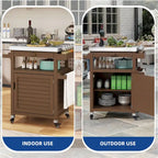 Brown / Coffee Solid Wood Outdoor Grill Cart with Stainless Steel Top, 1-Person, Lockable Wheels