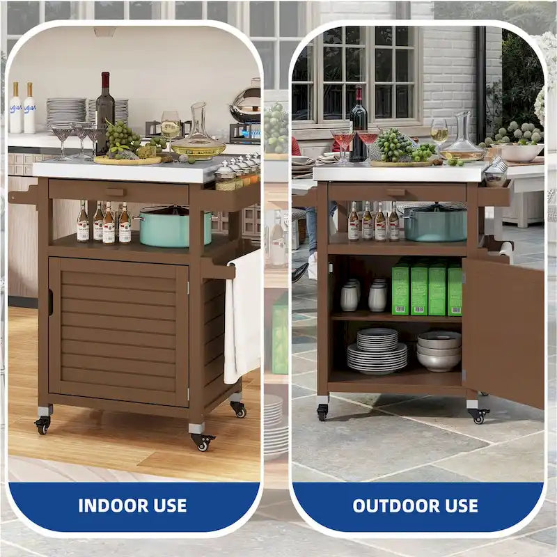 Brown / Coffee Solid Wood Outdoor Grill Cart with Stainless Steel Top, 1-Person, Lockable Wheels