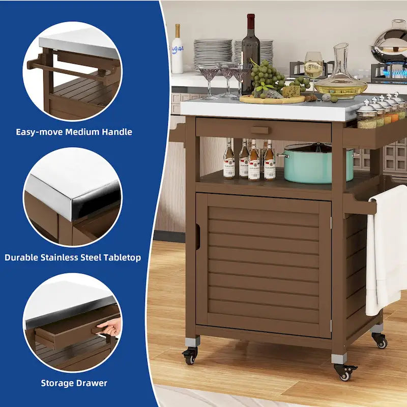 Brown / Coffee Solid Wood Outdoor Grill Cart with Stainless Steel Top, 1-Person, Lockable Wheels