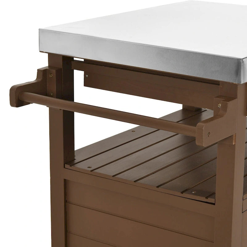 Brown / Coffee Solid Wood Outdoor Grill Cart with Stainless Steel Top, 1-Person, Lockable Wheels