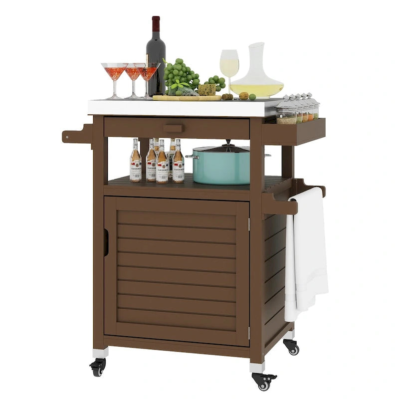 Brown / Coffee Solid Wood Outdoor Grill Cart with Stainless Steel Top, 1-Person, Lockable Wheels