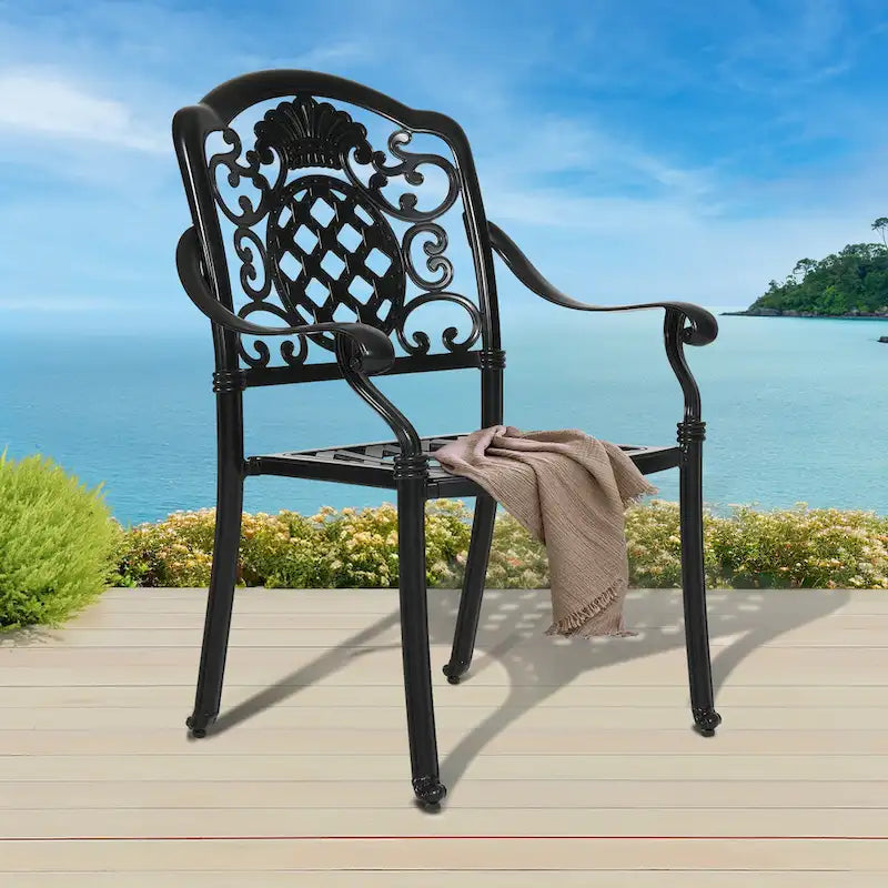 Black Cast Aluminum Armrest Patio Dining Chairs, Set of 2