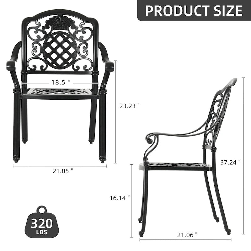 Black Cast Aluminum Armrest Patio Dining Chairs, Set of 2